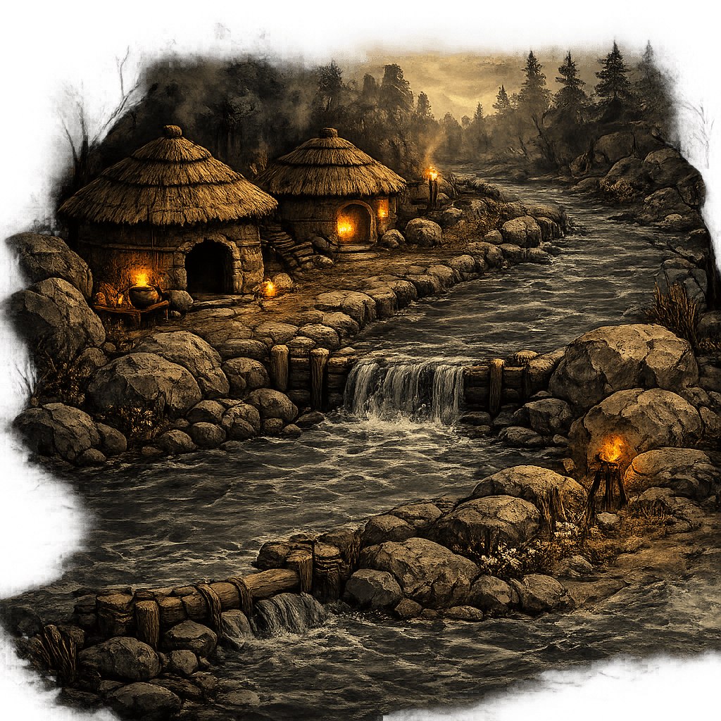 A river settlement at dusk